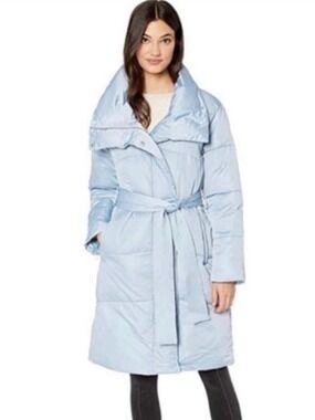 Avec Les Filles Anthropologie womens ice blue belted puffer coat Size XS Winter